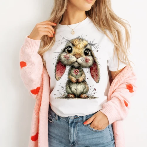 Damska koszulka z nadrukiem zajączka.webp