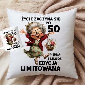 Prezent na 50 urodziny - ŻYCIE ZACZYNA SIĘ PO 50  - poduszka oraz kubek na 50