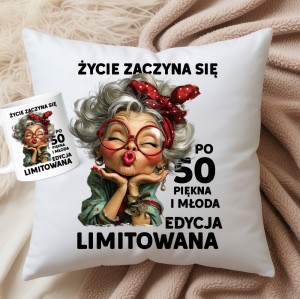 Prezent na 50 urodziny - ŻYCIE ZACZYNA SIĘ PO 50  - poduszka oraz kubek na 50