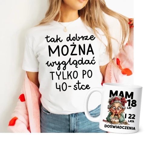 Damska Koszulka na 40 urodziny - zestaw koszulka oraz kubek na prezent na 40.webp