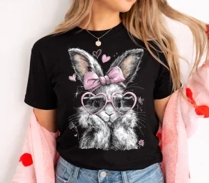 Czarna damska koszulka z królikiem - idealna na Wielkanoc