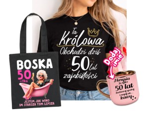 Zestaw prezentowy na 50 urodziny dla kobiety – koszulka + kubek oraz torba z nadrukiem