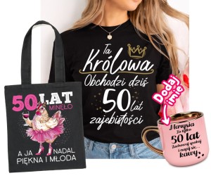 Zestaw prezentowy na 50 urodziny dla kobiety – koszulka + kubek oraz torba z nadrukiem