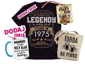 Zestaw prezentowy na urodziny dla mężczyzny – koszulka w puszce + personalizowany kubek z imieniem i wiekiem + torba