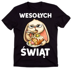Śmieszna męska koszulka na Wielkanoc - WESOŁYCH ŚWIĄT Z KRÓLIKIEM JEDZĄCYM CIASTO  -wesołych95