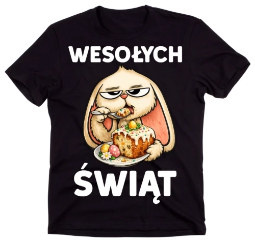 Śmieszna męska koszulka na Wielkanoc - WESOŁYCH ŚWIĄT Z KRÓLIKIEM JEDZĄCYM CIASTO.webp