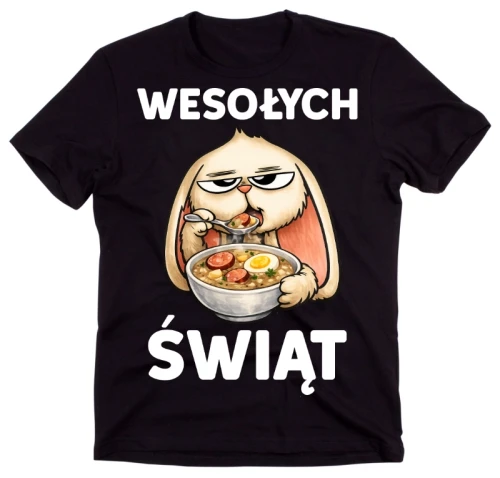 Śmieszna męska koszulka na Wielkanoc - WESOŁYCH ŚWIĄT Z KRÓLIKIEM JEDZĄCYM ŻUREK.webp