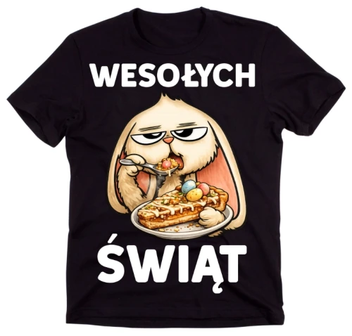 Śmieszna męska koszulka na Wielkanoc - WESOŁYCH ŚWIĄT Z KRÓLIKIEM JEDZĄCY mazurka.webp