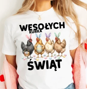 Damska biała koszulka na Wielkanoc - WESOŁYCH KURKA ŚWIĄT