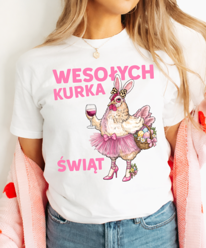 Damska biała koszulka wielkanocna - WESOŁYCH KURKA ŚWIĄT - wesołych222