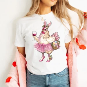 Damska biała koszulka wielkanocna z kurą 