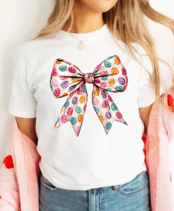 Damska biała koszulka wielkanocna z kokardą 