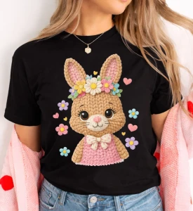 Damska czarna koszulka wielkanocna z zajączkiem