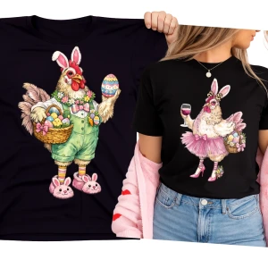Zestaw koszulek dla pary na Wielkanoc z kogutem i kurką.webp