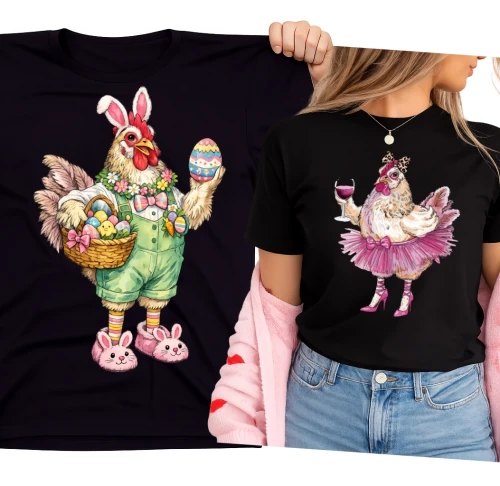 Zestaw koszulek dla pary na Wielkanoc z kogutem i kurką.webp