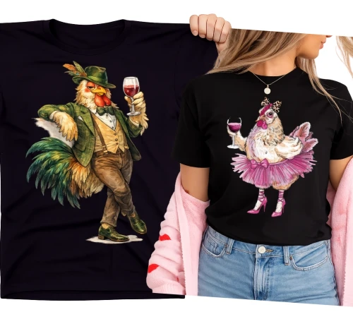 Zestaw koszulek na Wielkanoc dla pary z kogutem i kurką.webp