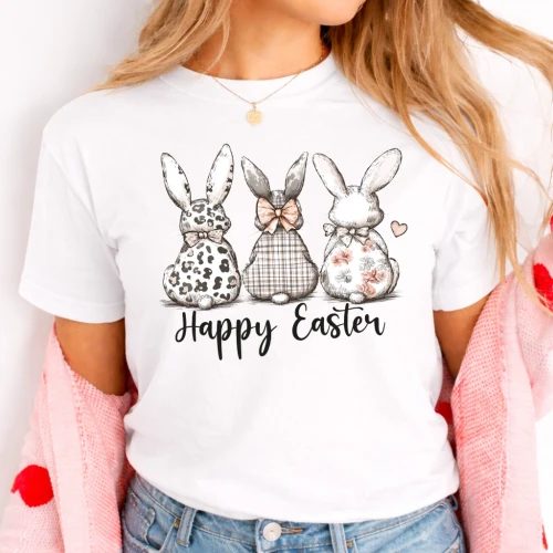 Damska koszulka z króliczkami na Wielkanoc - HAPPY EASTER .webp