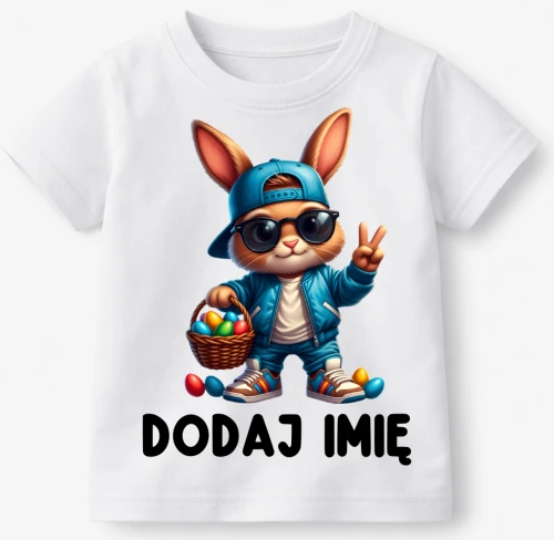 Koszulka dla DZIECKA Z IMIENIEM na Wielkanoc z zającem.webp