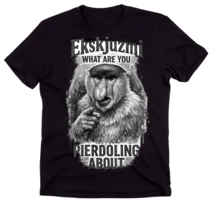 Męska czarna koszulka z nosaczem - Ekskjuzmi what are you pierdoling about