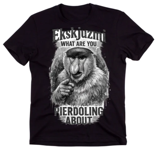 Męska czarna koszulka z nosaczek - Ekskjuzmi what are you pierdoling about.webp