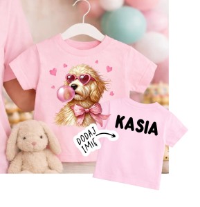RÓŻOWA KOSZULKA DLA DZIEWCZYNKI z pieskiem i imieniem - PIES Z BALONEM 