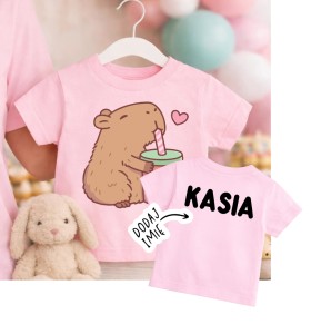 RÓŻOWA KOSZULKA DLA DZIEWCZYNKI z kapibarą i imieniem - wzór kapibara8