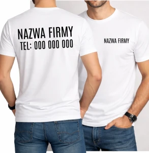 Biała koszulka reklamowa z nazwą firmy i numerem telefonu 