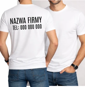 Biała koszulka reklamowa z nazwą firmy na plecach i numerem telefonu.webp