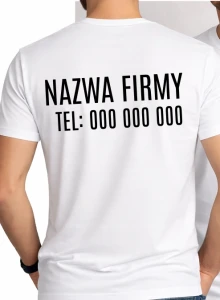Biała KOSZULKA REKLAMOWA Z NAZWĄ FIRMY NA PLECACH i numerem telefonu