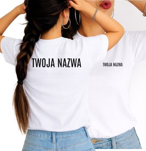 Damska biała koszulka reklamowa z nazwą firmy