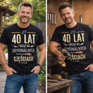 Męska koszulka na 40 urodziny - 40 lat i wciąż na oryginalnych częściach NA PREZENT.webp