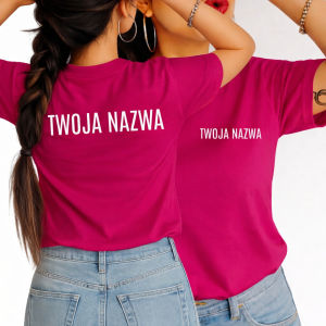 Damska fuksjowa koszulka reklamowa z nazwą firmy