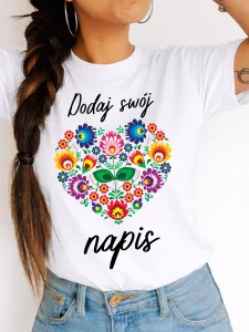 Białe Koszulki dla koła gospodyń wiejskich z własną nazwą - wzór folkowe serce