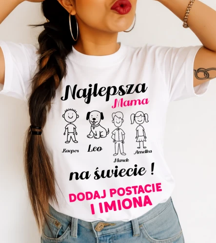 Koszulka dla Mamy - Najlepsza mama na świecie z imionami dzieci męża psa kota.webp