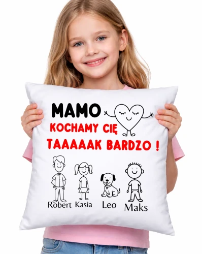 Poduszka dla Mamy na Dzień Mamy z imionami dziec, taty,psa,kota .webp