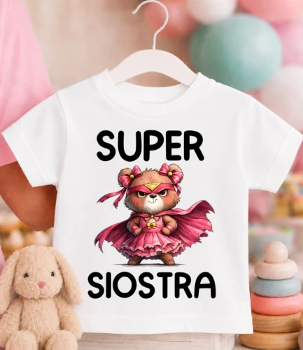 Koszulka dziecięca ''SUPER SIOSTRA'' Z MISIEM W SUKIENCE