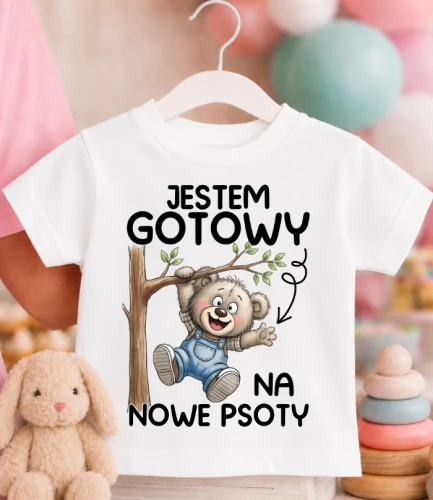 Koszulka dziecięca ''JESTEM GOTOWY NA NOWE PSOTY'' Z MISIEM