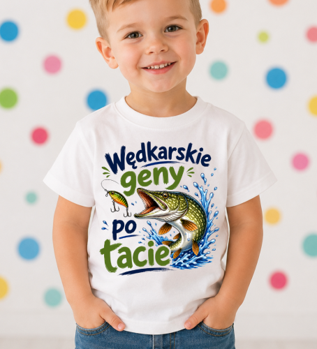 Koszulka dla chłopczyka z motywem wędkarskim WĘDKARSKIE GENY PO TACIE ZZZ.png