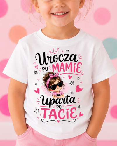 Koszulka dla dziewczynki z fajnym nadrukiem urocza po mamie uparta po tacie ccccc.png