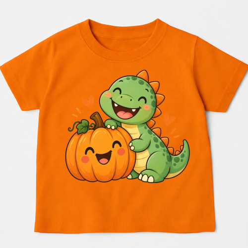 Koszulka na Dzień Dyni z dynią i dinozaurem.png