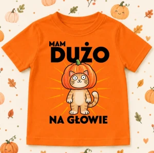 Pomarańczowa Koszulka na Dzień Dyni ''MAM DUŻO NA GLOWIE'' KOT DYNIA