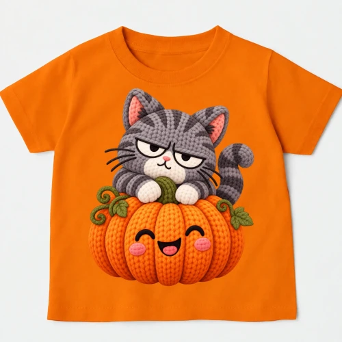 Pomarańczowa koszulka dla dziecka na halloween z kotem i DYNIĄ - 2.webp