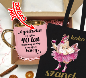 Zestaw prezentowy na 40 urodziny - kubek na 40 z imieniem oraz torba 