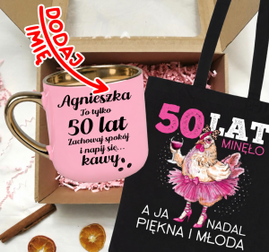 Zestaw prezentowy na 50 urodziny - kubek na 50 z imieniem oraz torba
