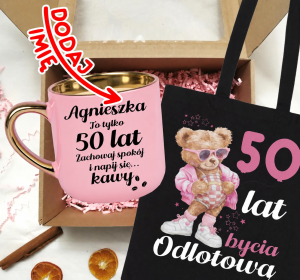 Zestaw prezentowy na 50 urodziny - kubek na 50 z imieniem oraz torba