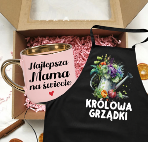 Zestaw prezentowy dla mamy - kubek NAJLEPSZA MAMA NA ŚWIECIE z fartuchem KRÓLOWA GRZĄDKI 
