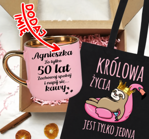 Zestaw prezentowy na 50 urodziny - kubek na 50 z imieniem oraz torba