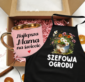 Zestaw prezentowy dla mamy - kubek NAJLEPSZA MAMA NA ŚWIECIE oraz fartuch SZEFOWA OGRODU 