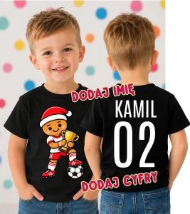 Świąteczna koszulka dla dziecka na Mikołajki z Piernikiem oraz imieniem i numerem na plecach 