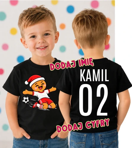 Świąteczna koszulka dla dziecka na Mikołajki z Piernikiem oraz imieniem i numerem na plecach.webp